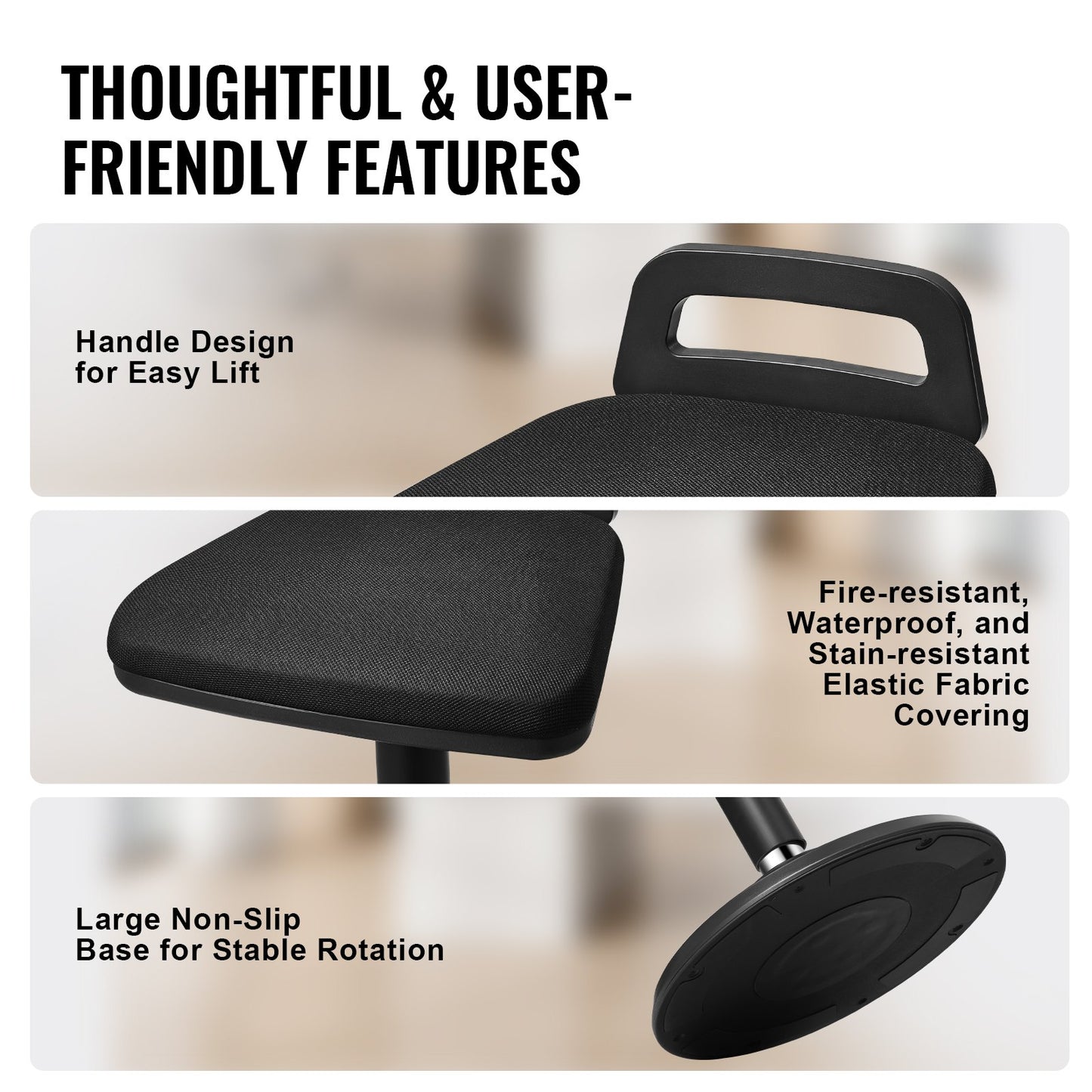 Active Chair with Handle, Height-Adjustable (24.6-34.4") Wobble Chair Made of Elastic Fabric & 45 mm Foam, Ideal for Schools, Office and Home, 8° Tilt Angle, Age 12-18, Black