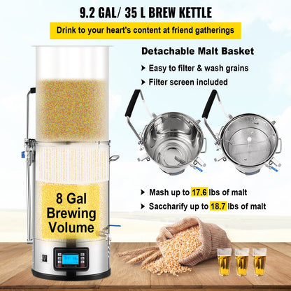 Elektrisches Brausystem, 30 l (8 Gallonen), All-in-One-Heimbrauanlage mit Automatik-/Manuell-Modus-Bedienfeld, Maische- und Kochvorrichtung mit 100–2500 W Leistung, 25–100 °C Temperaturregelung, 1–180-Minuten-Timer, Umwälzpumpe, Rezeptspeicher, 2