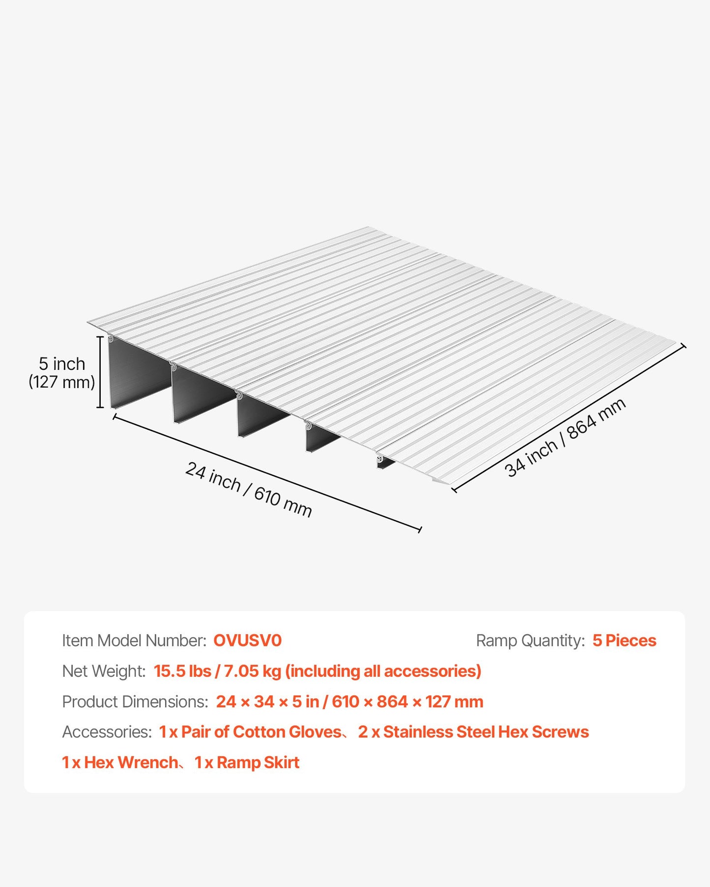 Türschwellenrampe, 138 mm Steigung, Schwellenrampe aus Aluminiumlegierung, Tragfähigkeit 363 kg, Behindertenrampe für den Hausgebrauch, geeignet für Rollstühle, Scooter, Elektrorollstühle, Gehhilfen, Fahrräder und Dreiräder
