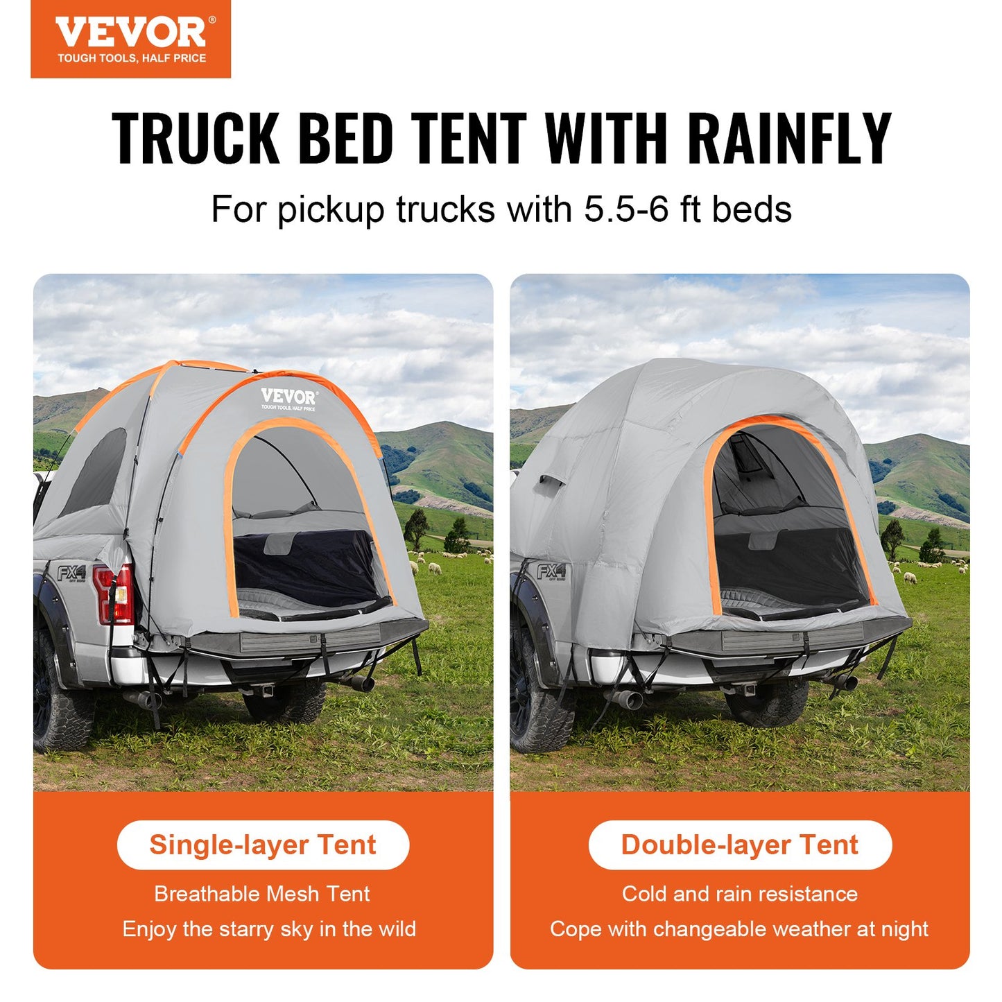Truck Bed Tent, 5.5'-6' Pickup Truck Tent with Rain Layer and Carry Bag, Waterproof PU2000mm Double Layer Truck Tent for Camping, Accommodate 2-3 Person, for Camping Traveling Outdoor Activities