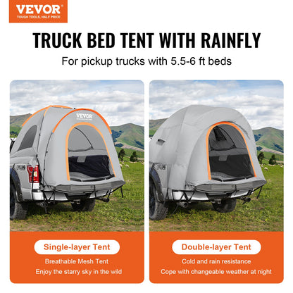 Truck Bed Tent, 5.5'-6' Pickup Truck Tent with Rain Layer and Carry Bag, Waterproof PU2000mm Double Layer Truck Tent for Camping, Accommodate 2-3 Person, for Camping Traveling Outdoor Activities