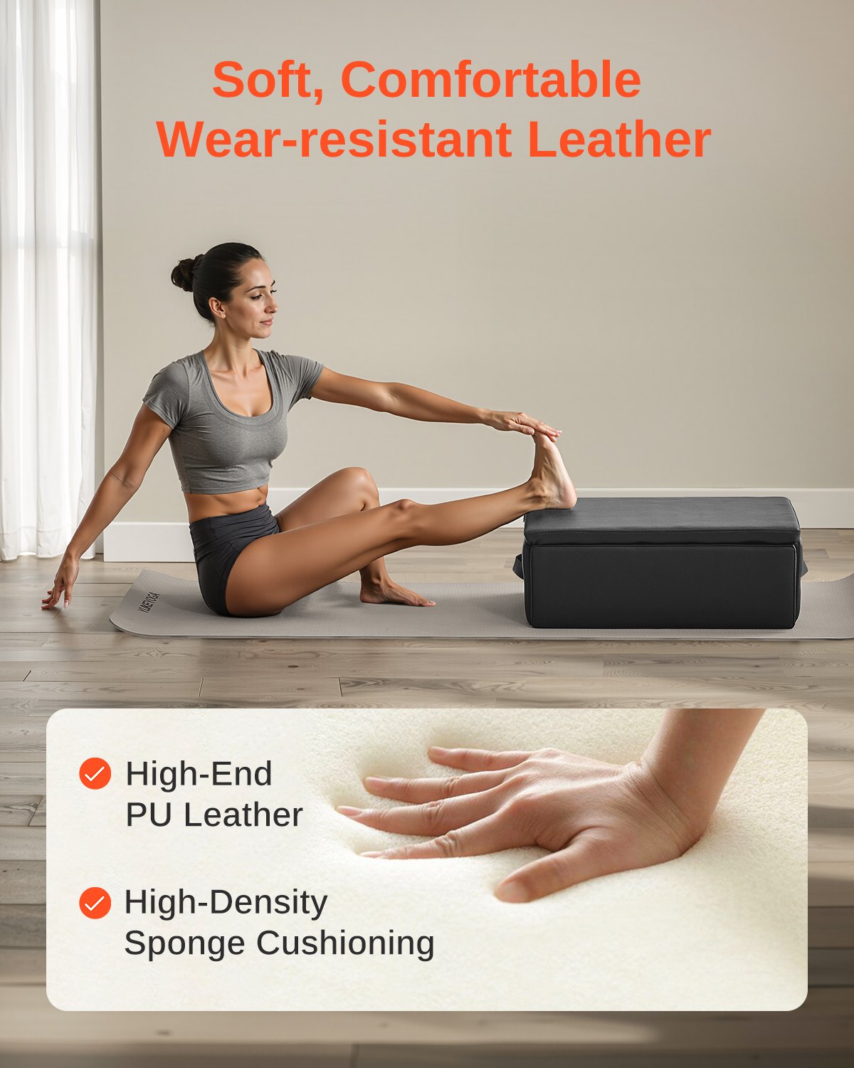 Pilates-Box für Reformer, 25 x 17 x 9 Zoll, Sitzbox für Pilates-Reformer-Übungen, hochwertiges Zubehör aus PU und Holz, verbessert Kraft, Balance und Beweglichkeit, Heim-Fitnessstudio, Schwarz