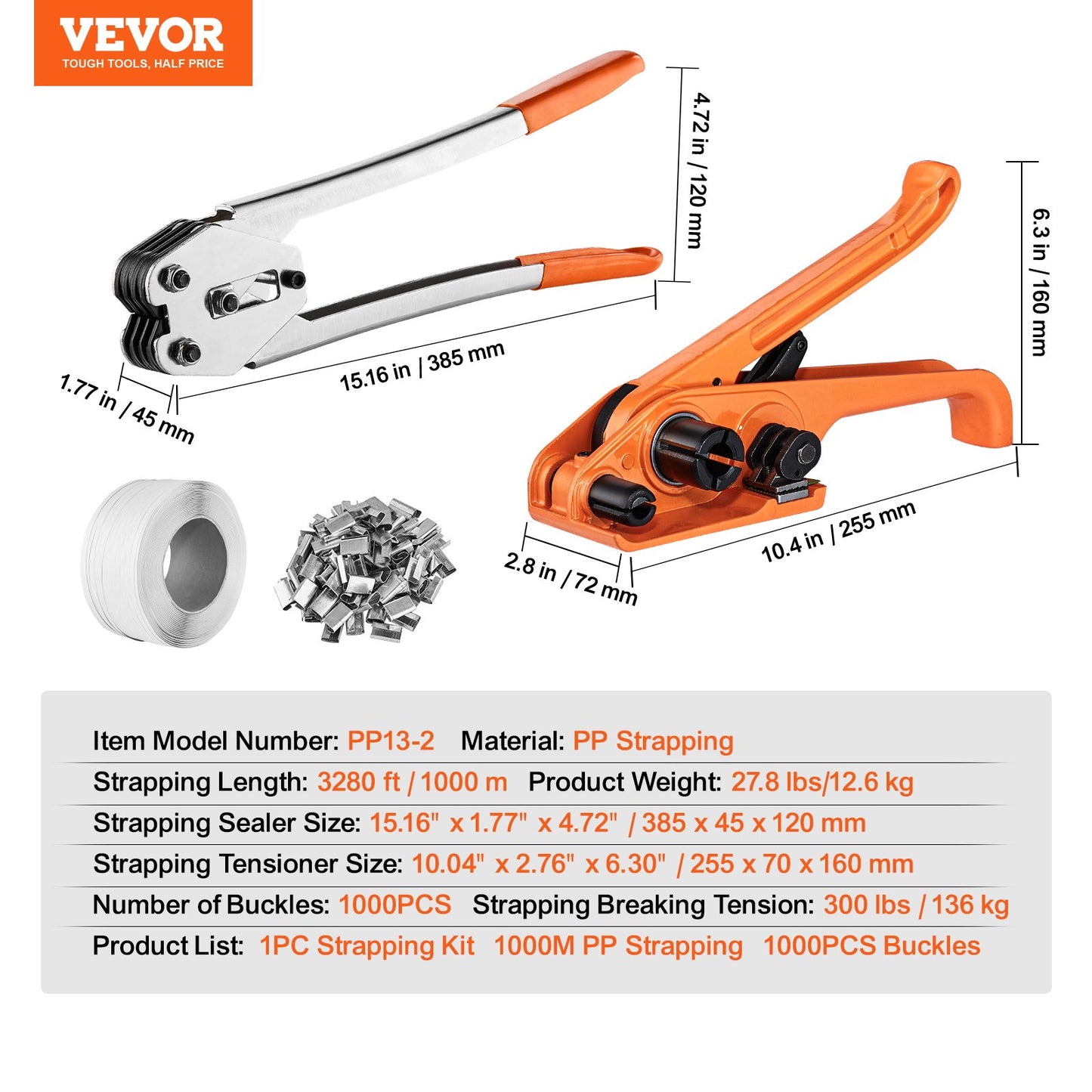 Banding Strapping Kit with Strapping Tensioner Tool, Banding Sealer Tool, 1000 m Length PP Band, 1000 Metal Seals, Pallet Packaging Strapping Banding Kit Banding Packaging Strapping for Packing