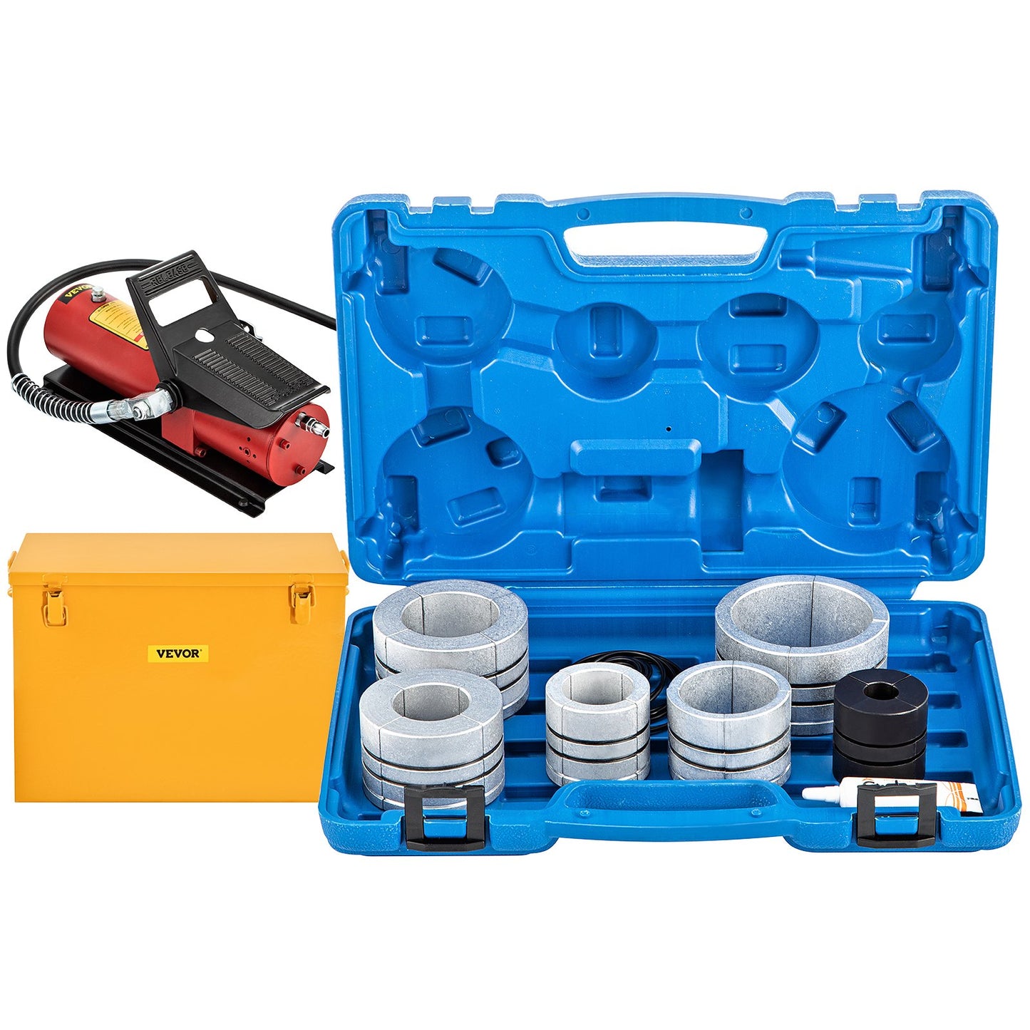 Hydraulic Exhaust Pipe Expander, 4.1 to 10.8 cm Size, 10 T Pedal Pump Included with 4 Dies, 2 Storage Cases for Copper Aluminum Tubes in Car Repairing