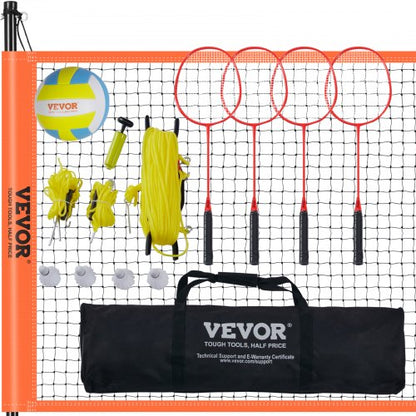 Volleyball- und Badminton-Set, tragbares Badmintonnetz für den Außenbereich, höhenverstellbare Stahlstangen, professionelles Kombi-Set mit PVC-Volleyball, Pumpe, Tragetasche, einfacher Aufbau für Garten, Strand oder Rasen