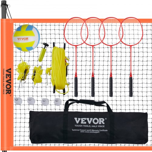 Volleyball- und Badminton-Set, tragbares Badmintonnetz für den Außenbereich, höhenverstellbare Stahlstangen, professionelles Kombi-Set mit PVC-Volleyball, Pumpe, Tragetasche, einfacher Aufbau für Garten, Strand oder Rasen