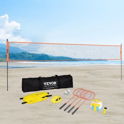 Volleyball- und Badminton-Set, tragbares Badmintonnetz für den Außenbereich, höhenverstellbare Stahlstangen, professionelles Kombi-Set mit PVC-Volleyball, Pumpe, Tragetasche, einfacher Aufbau für Garten, Strand oder Rasen