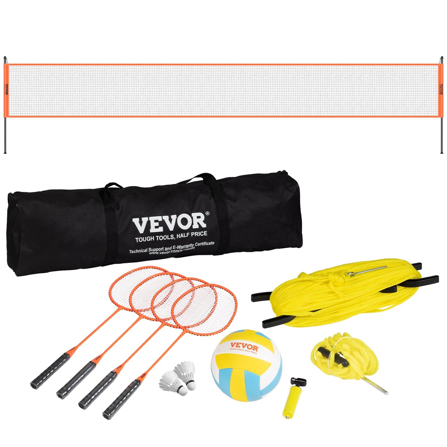 Volleyball- und Badminton-Set, tragbares Badmintonnetz für den Außenbereich, höhenverstellbare Stahlstangen, professionelles Kombi-Set mit PVC-Volleyball, Pumpe, Tragetasche, einfacher Aufbau für Garten, Strand oder Rasen