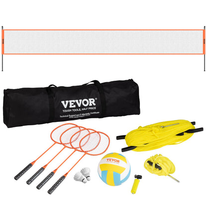 Volleyball- und Badminton-Set, tragbares Badmintonnetz für den Außenbereich, höhenverstellbare Stahlstangen, professionelles Kombi-Set mit PVC-Volleyball, Pumpe, Tragetasche, einfacher Aufbau für Garten, Strand oder Rasen