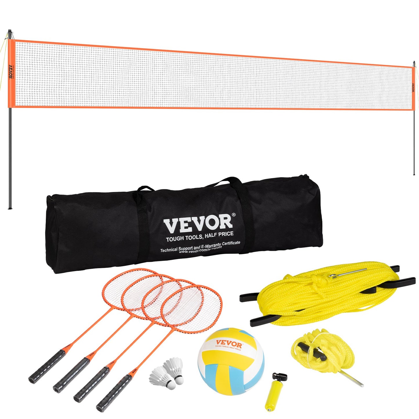 Volleyball- und Badminton-Set, tragbares Badmintonnetz für den Außenbereich, höhenverstellbare Stahlstangen, professionelles Kombi-Set mit PVC-Volleyball, Pumpe, Tragetasche, einfacher Aufbau für Garten, Strand oder Rasen