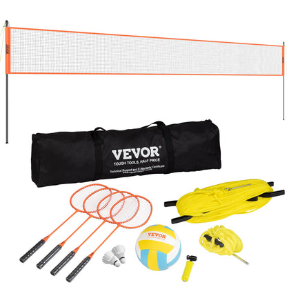 Volleyball- und Badminton-Set, tragbares Badmintonnetz für den Außenbereich, höhenverstellbare Stahlstangen, professionelles Kombi-Set mit PVC-Volleyball, Pumpe, Tragetasche, einfacher Aufbau für Garten, Strand oder Rasen