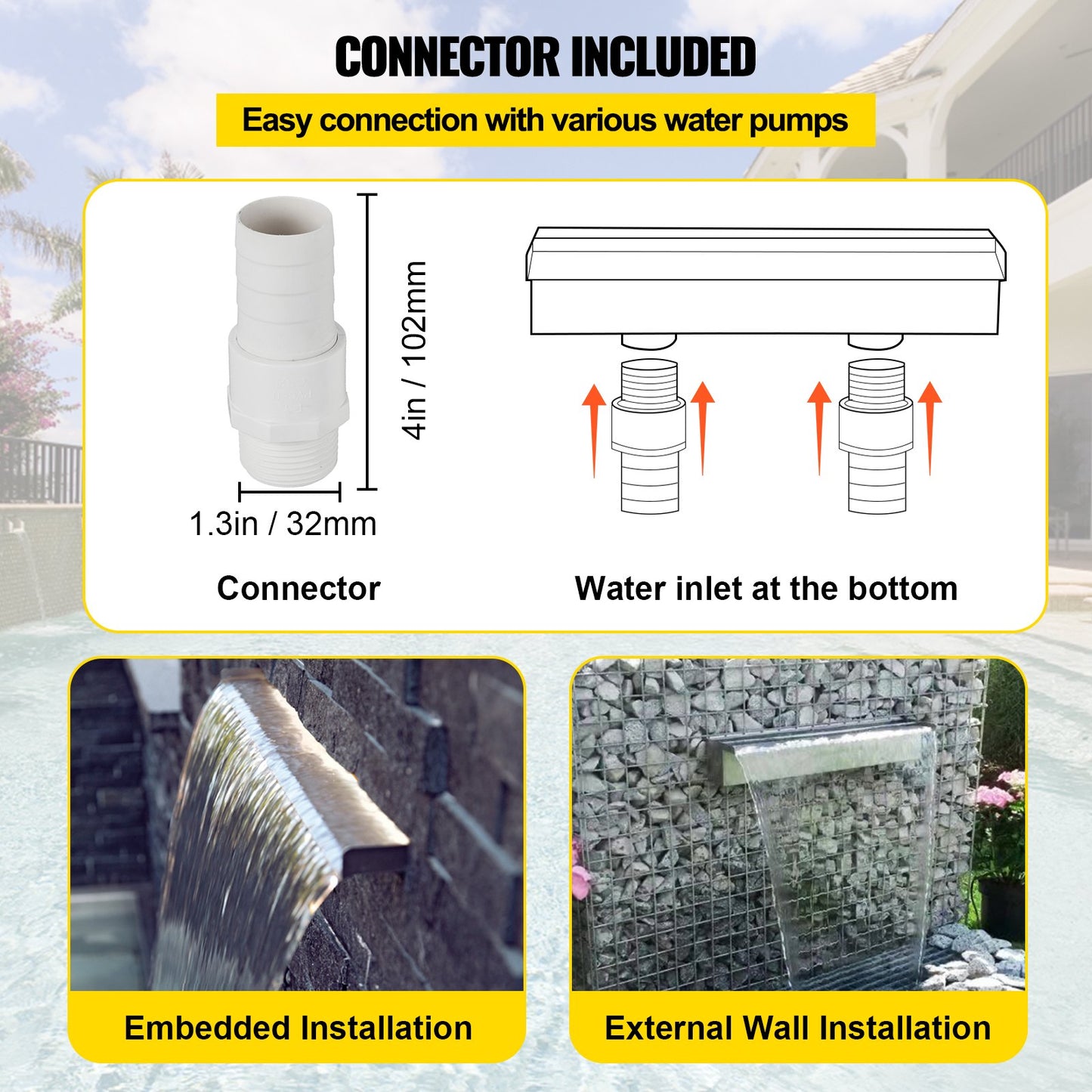 Dekorativer Wasserfallbrunnen aus Edelstahl, 150 x 11,4 x 7,9 cm, für Gartenteiche, Innen- und Außenbereich