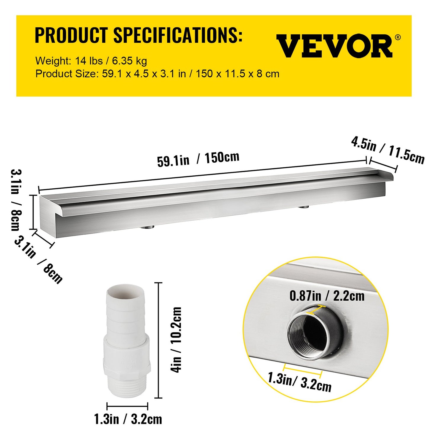 Dekorativer Wasserfallbrunnen aus Edelstahl, 150 x 11,4 x 7,9 cm, für Gartenteiche, Innen- und Außenbereich