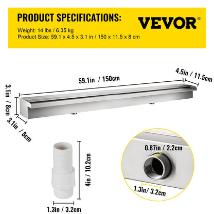 Dekorativer Wasserfallbrunnen aus Edelstahl, 150 x 11,4 x 7,9 cm, für Gartenteiche, Innen- und Außenbereich