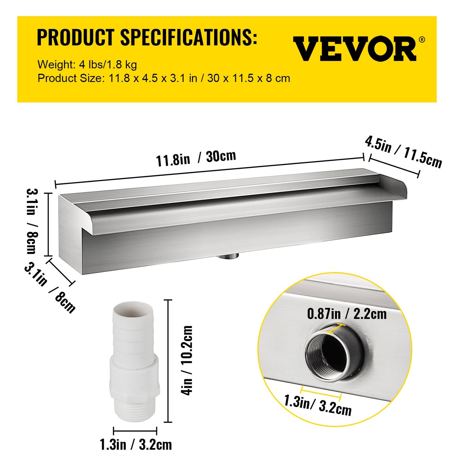 Dekorativer Wasserfallbrunnen aus Edelstahl, 30 cm x 11,4 cm x 7,9 cm, für Gartenteiche, Innen- und Außenbereich