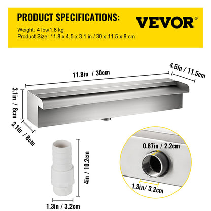 Dekorativer Wasserfallbrunnen aus Edelstahl, 30 cm x 11,4 cm x 7,9 cm, für Gartenteiche, Innen- und Außenbereich