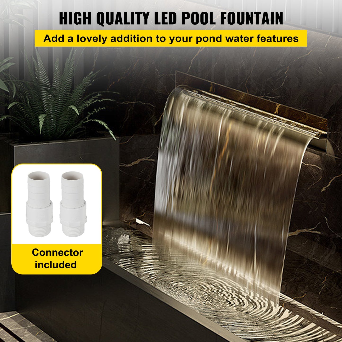 Rechteckiger Wasserfall-Poolbrunnen mit LED-Streifenbeleuchtung, 60 x 11,5 x 8 cm / 23,6" x 4,5" x 3,1"