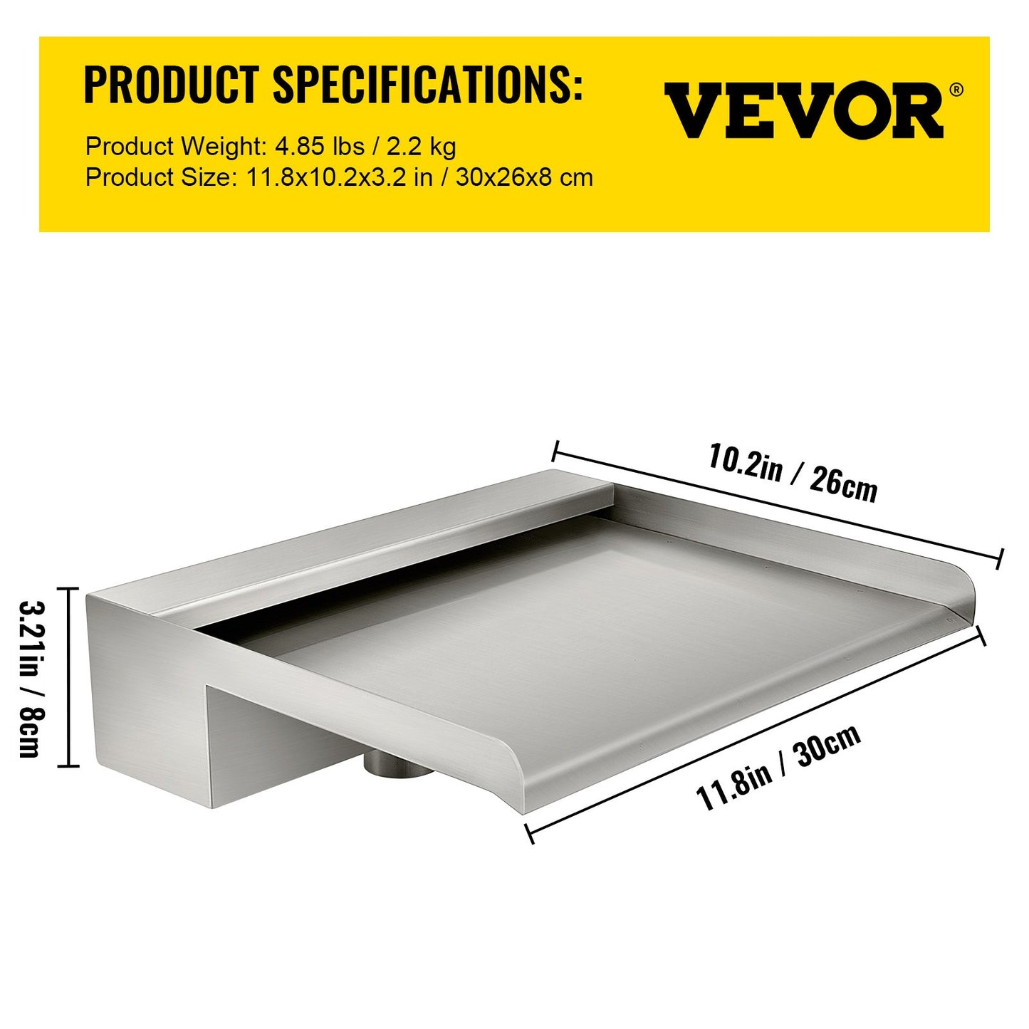 Wasserfallflügel, 30 cm Edelstahl-Wasserfallüberlauf, rechteckiger Wasserfall für Teichbrunnen, Kaskadenflügel mit Anschlussstück, Schlauch, Klemme und PTFE-Band, Wasserflügel für Koiteiche, Wasserspiel