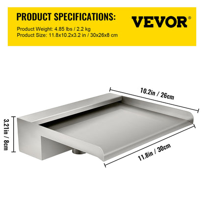 Wasserfallflügel, 30 cm Edelstahl-Wasserfallüberlauf, rechteckiger Wasserfall für Teichbrunnen, Kaskadenflügel mit Anschlussstück, Schlauch, Klemme und PTFE-Band, Wasserflügel für Koiteiche, Wasserspiel