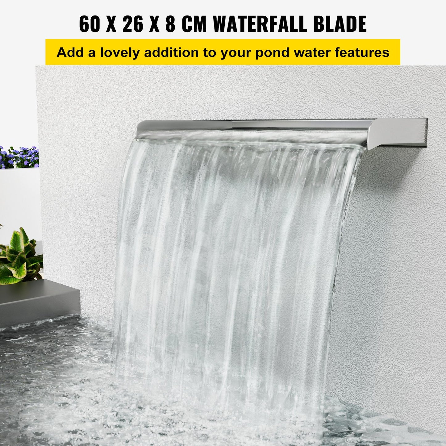 Wasserfallflügel, 60 cm Edelstahl-Wasserfallüberlauf, rechteckiger Wasserfall für Teichbrunnen, Kaskadenflügel mit Anschlussstück, Schlauch, Klemme und PTFE-Band, Wasserflügel für Koiteiche, Wasserspiel