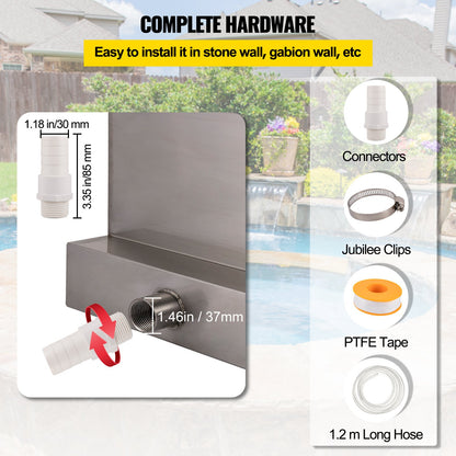 Wasserfallflügel, 60 cm Edelstahl-Wasserfallüberlauf, rechteckiger Wasserfall für Teichbrunnen, Kaskadenflügel mit Anschlussstück, Schlauch, Klemme und PTFE-Band, Wasserflügel für Koiteiche, Wasserspiel