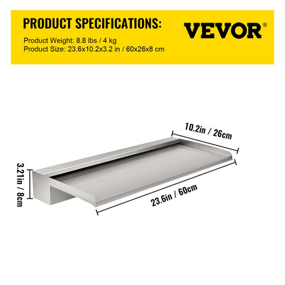 Wasserfallflügel, 60 cm Edelstahl-Wasserfallüberlauf, rechteckiger Wasserfall für Teichbrunnen, Kaskadenflügel mit Anschlussstück, Schlauch, Klemme und PTFE-Band, Wasserflügel für Koiteiche, Wasserspiel