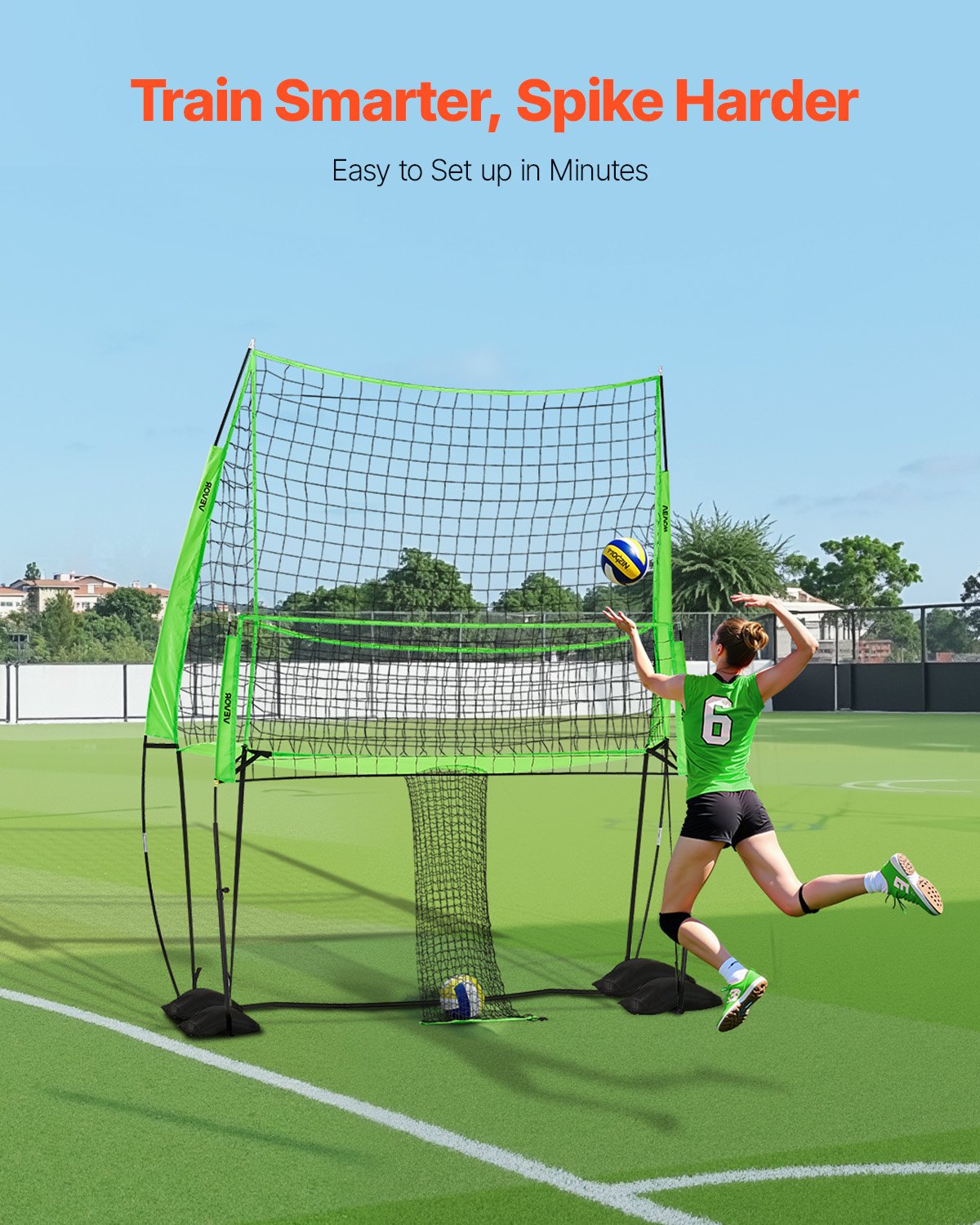 Volleyball-Trainingsnetz, stufenlos höhenverstellbares Trainingsgerät mit Ballrücklauf, 2,4 x 3,4 m große, tragbare Netzstation, einfacher Aufbau für Garten, Innen- und Außenbereich, verbessert Aufschlag und Angriffsgenauigkeit