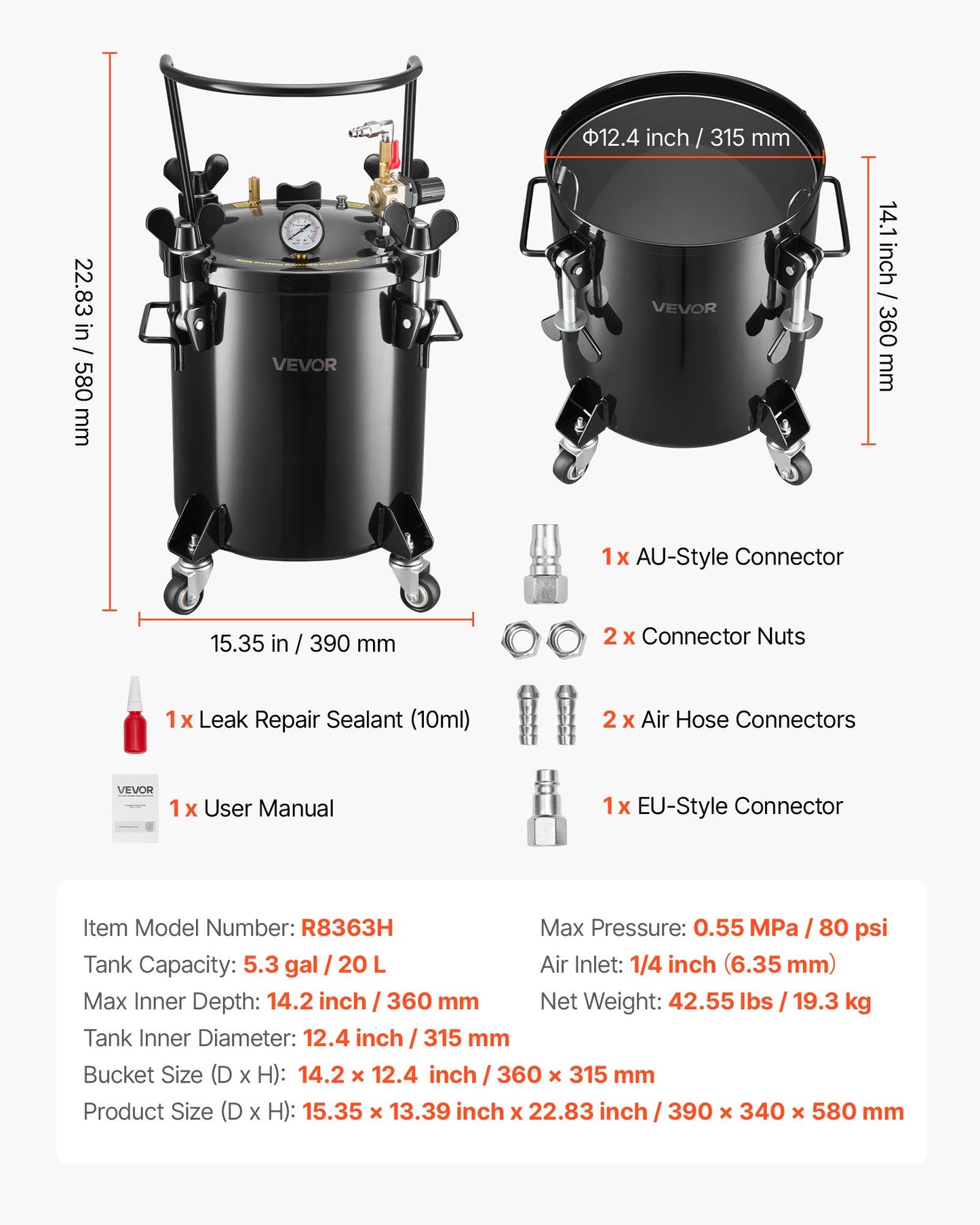 Druckbehälter für Farbe, 20 l, robuster Stahl-Druckbehälter, Sprühdosen mit drei Schnellkupplungen für Heimgebrauch, DIY, Kunstprojekte, Behälter mit großem Durchmesser