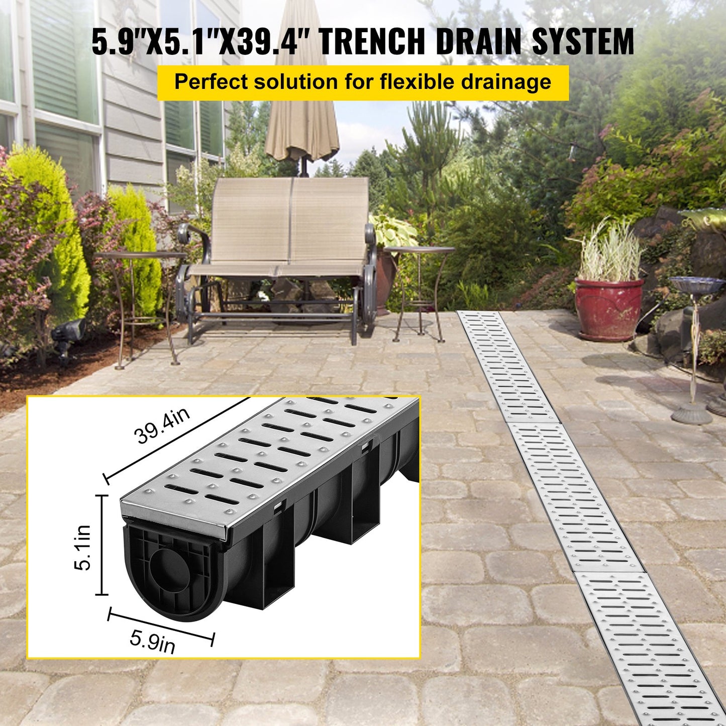 Trench Drain System, Channel Drain with Metal Grate, 150x130 mm HDPE Drainage Trench, Black Plastic Garage Floor Drain, 3x39 Trench Drain Grate, with 3 End Caps, for Garden, Driveway-3 Pack