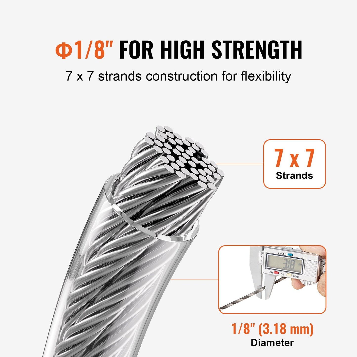 Wire Rope Kit, 1/8" 100 ft 304 Stainless Steel Cable with 59 Accessories, 650 lbs Breaking Strength, 7x7 Strands Construction Marine Aircraft Grade for Handrail Stair Decking Fence Outdoors
