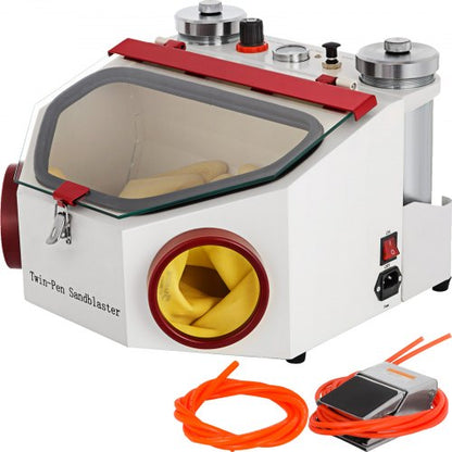 Dental Sandblaster 2 Pen + 2 Tanks Dental Lab Sandblaster with LED Light and Large View Window Sandblaster Machine with Foot Pedal Control