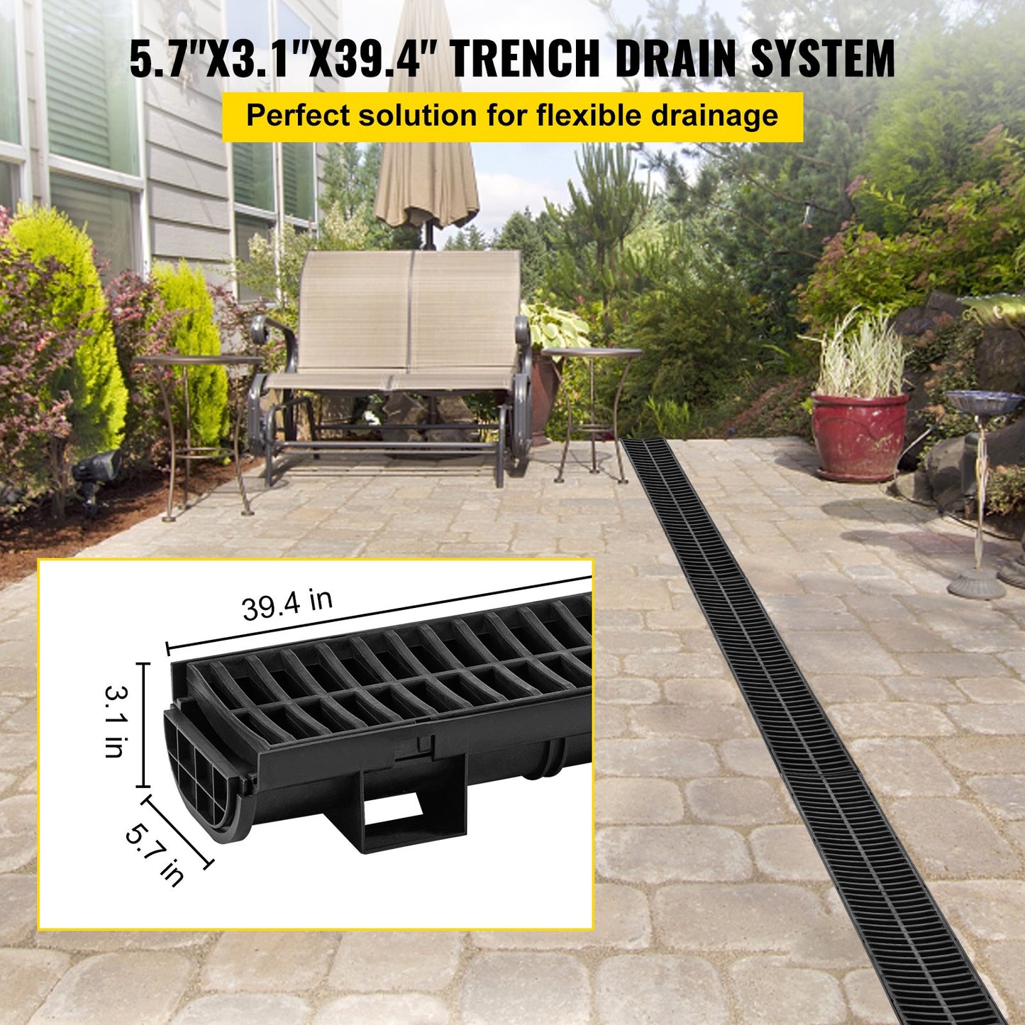 Trench Drain System, Channel Drain with Plastic Grate, 145x79MM HDPE Drainage Trench, Black Plastic Garage Floor Drain, 3x39 Trench Drain Grate, with 3 End Caps, for Garden, Driveway-3 Pack