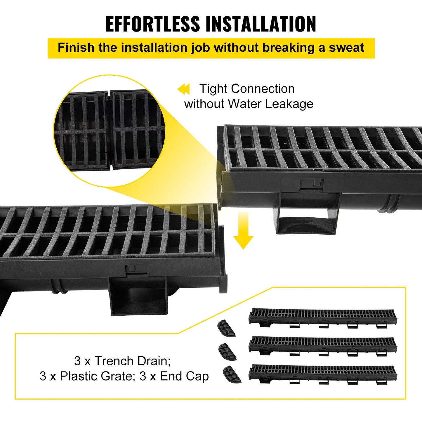 Trench Drain System, Channel Drain with Plastic Grate, 145x79MM HDPE Drainage Trench, Black Plastic Garage Floor Drain, 3x39 Trench Drain Grate, with 3 End Caps, for Garden, Driveway-3 Pack