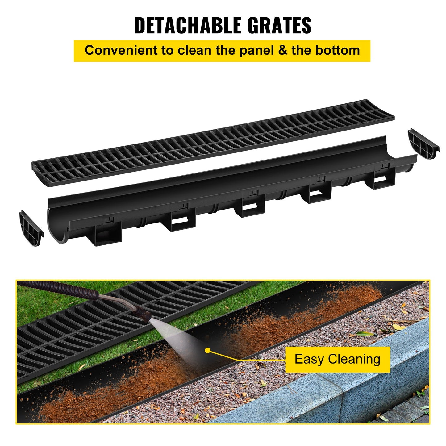 Trench Drain System, Channel Drain with Plastic Grate, 145x79MM HDPE Drainage Trench, Black Plastic Garage Floor Drain, 3x39 Trench Drain Grate, with 3 End Caps, for Garden, Driveway-3 Pack