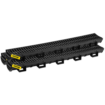 Trench Drain System, Channel Drain with Plastic Grate, 145x79MM HDPE Drainage Trench, Black Plastic Garage Floor Drain, 3x39 Trench Drain Grate, with 3 End Caps, for Garden, Driveway-3 Pack