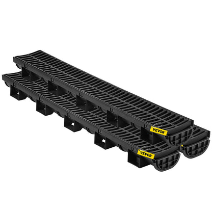 Trench Drain System, Channel Drain with Plastic Grate, 145x79MM HDPE Drainage Trench, Black Plastic Garage Floor Drain, 3x39 Trench Drain Grate, with 3 End Caps, for Garden, Driveway-3 Pack