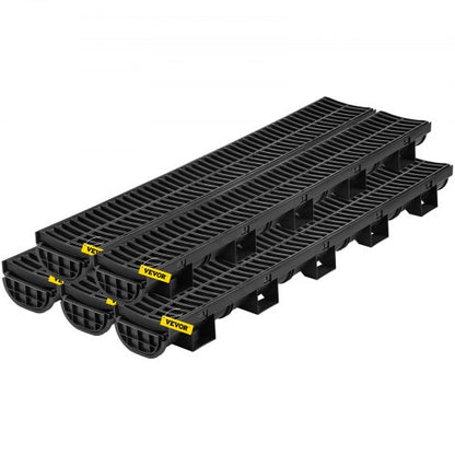 Trench Drain System, Channel Drain with Plastic Grate, 14.5 x 8cm HDPE Drainage Trench, Black Plastic Garage Floor Drain, 5x39 Trench Drain Grate, with 5 End Caps, for Garden, Driveway-5 Pack
