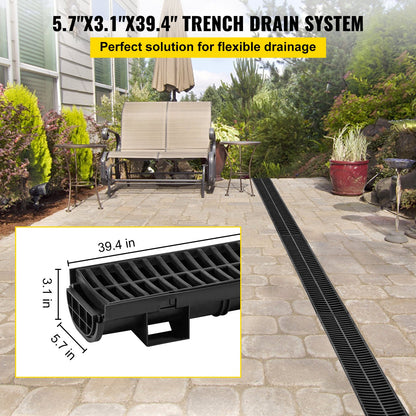 Trench Drain System, Channel Drain with Plastic Grate, 14.5 x 8cm HDPE Drainage Trench, Black Plastic Garage Floor Drain, 5x39 Trench Drain Grate, with 5 End Caps, for Garden, Driveway-5 Pack