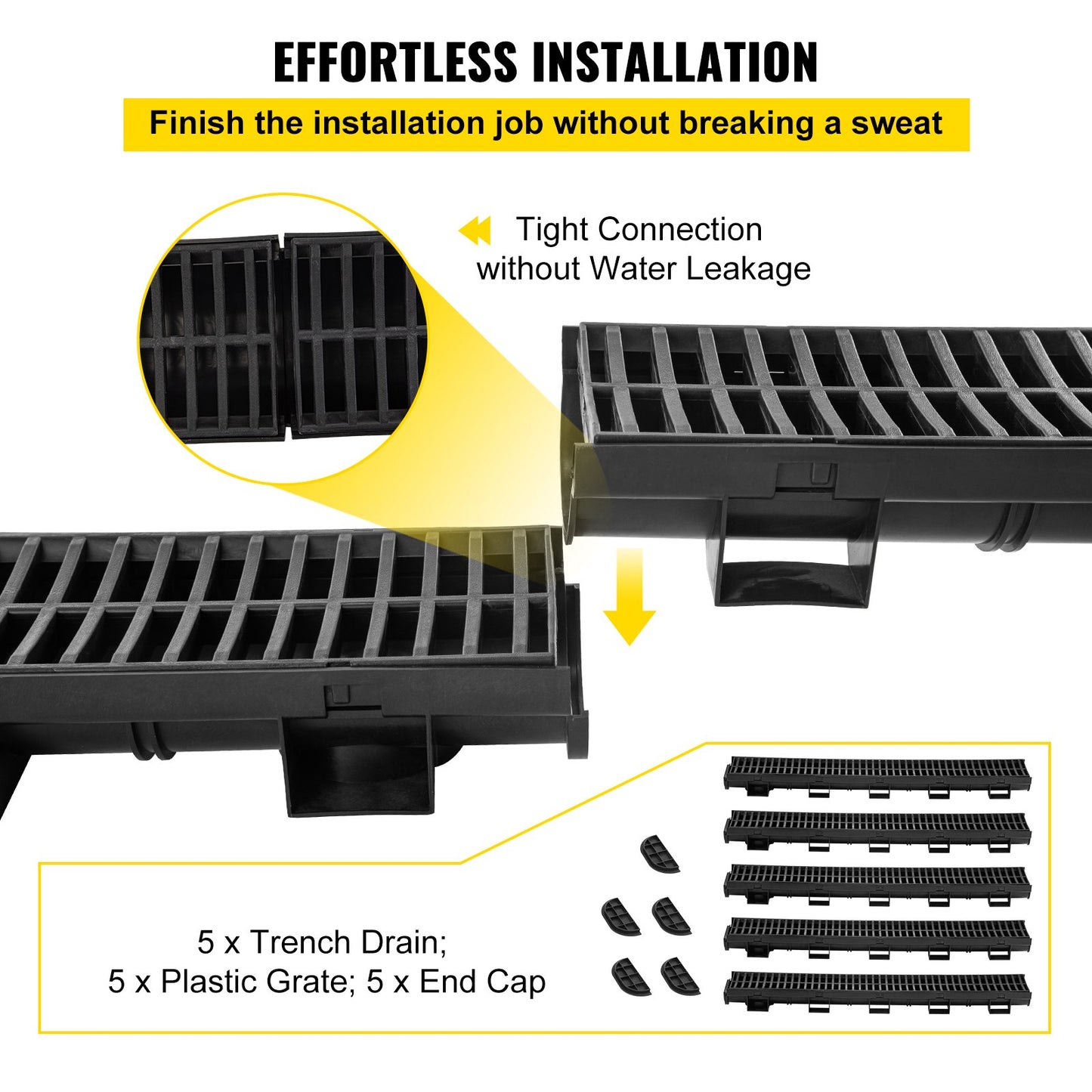 Trench Drain System, Channel Drain with Plastic Grate, 14.5 x 8cm HDPE Drainage Trench, Black Plastic Garage Floor Drain, 5x39 Trench Drain Grate, with 5 End Caps, for Garden, Driveway-5 Pack