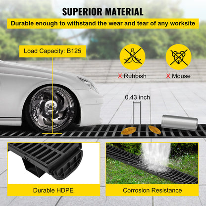 Trench Drain System, Channel Drain with Plastic Grate, 14.5 x 8cm HDPE Drainage Trench, Black Plastic Garage Floor Drain, 5x39 Trench Drain Grate, with 5 End Caps, for Garden, Driveway-5 Pack