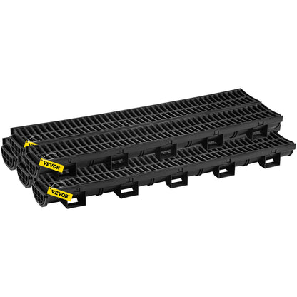 Trench Drain System, Channel Drain with Plastic Grate, 14.5 x 8cm HDPE Drainage Trench, Black Plastic Garage Floor Drain, 5x39 Trench Drain Grate, with 5 End Caps, for Garden, Driveway-5 Pack