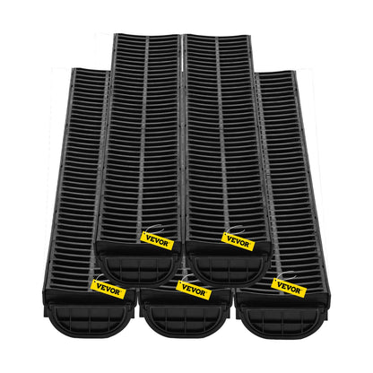 Trench Drain System, Channel Drain with Plastic Grate, 14.5 x 8cm HDPE Drainage Trench, Black Plastic Garage Floor Drain, 5x39 Trench Drain Grate, with 5 End Caps, for Garden, Driveway-5 Pack
