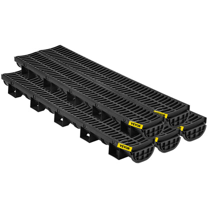 Trench Drain System, Channel Drain with Plastic Grate, 14.5 x 8cm HDPE Drainage Trench, Black Plastic Garage Floor Drain, 5x39 Trench Drain Grate, with 5 End Caps, for Garden, Driveway-5 Pack