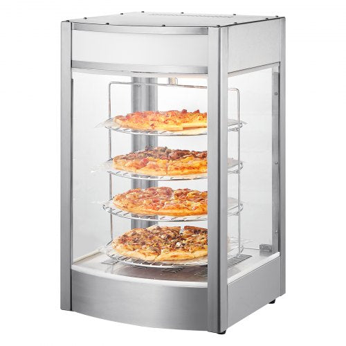Commercial Food Warmer Display for 14" Pizza, 4-Tier Pizza Warmer with Rotary Steam Heating, 30℃~85℃ Temperature Control and Temp Display, 25W Oven Light + Top LED for Pizza Shop, Restaurant