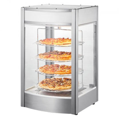Commercial Food Warmer Display for 14" Pizza, 4-Tier Pizza Warmer with Rotary Steam Heating, 30℃~85℃ Temperature Control and Temp Display, 25W Oven Light + Top LED for Pizza Shop, Restaurant