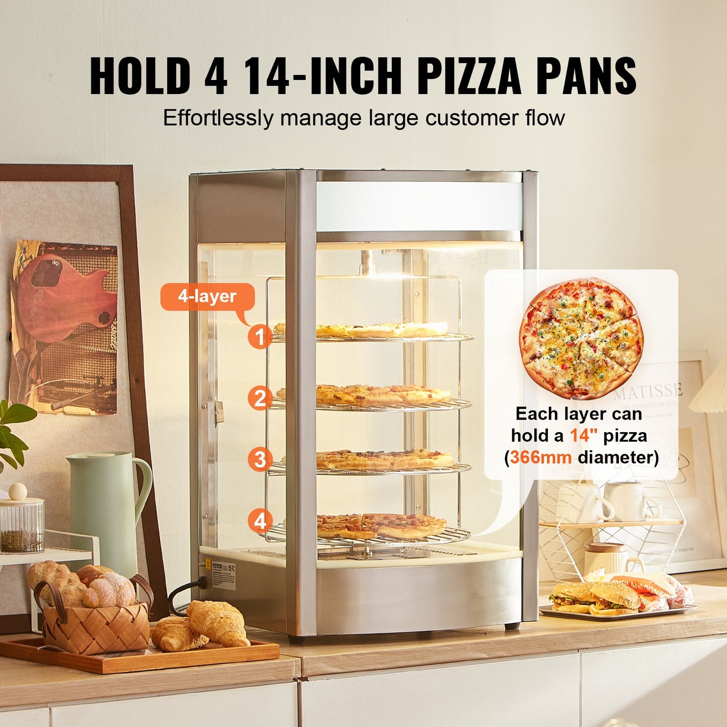 Commercial Food Warmer Display for 14" Pizza, 4-Tier Pizza Warmer with Rotary Steam Heating, 30℃~85℃ Temperature Control and Temp Display, 25W Oven Light + Top LED for Pizza Shop, Restaurant