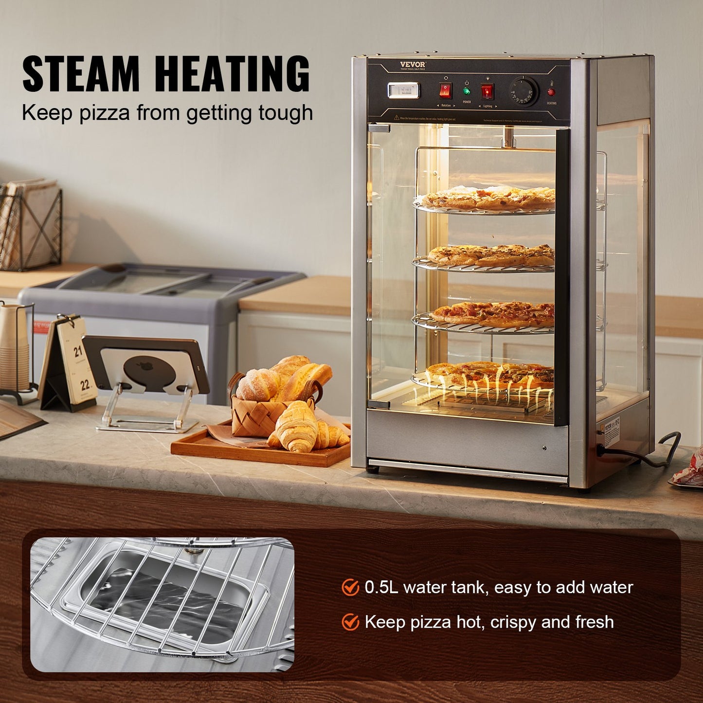 Commercial Food Warmer Display for 14" Pizza, 4-Tier Pizza Warmer with Rotary Steam Heating, 30℃~85℃ Temperature Control and Temp Display, 25W Oven Light + Top LED for Pizza Shop, Restaurant