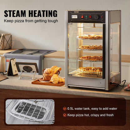 Commercial Food Warmer Display for 14" Pizza, 4-Tier Pizza Warmer with Rotary Steam Heating, 30℃~85℃ Temperature Control and Temp Display, 25W Oven Light + Top LED for Pizza Shop, Restaurant
