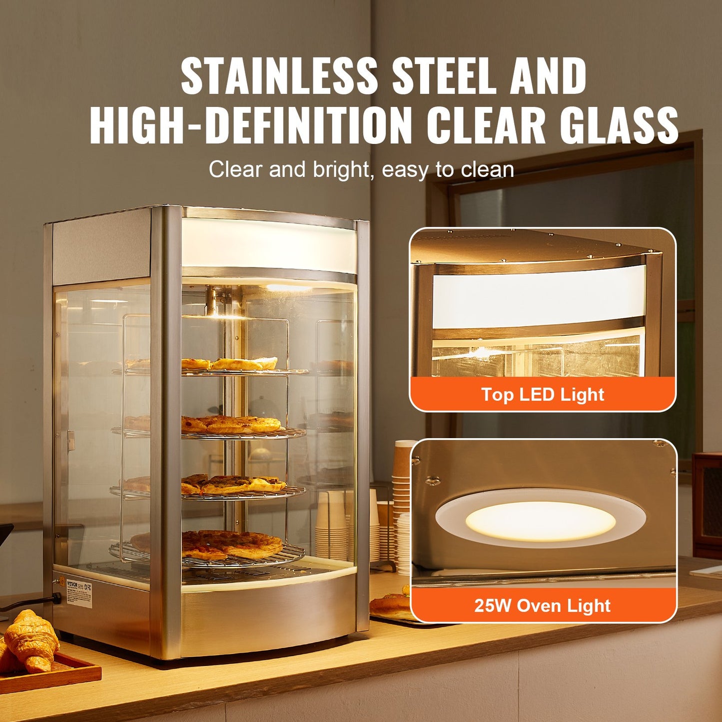 Commercial Food Warmer Display for 14" Pizza, 4-Tier Pizza Warmer with Rotary Steam Heating, 30℃~85℃ Temperature Control and Temp Display, 25W Oven Light + Top LED for Pizza Shop, Restaurant