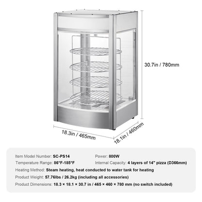 Commercial Food Warmer Display for 14" Pizza, 4-Tier Pizza Warmer with Rotary Steam Heating, 30℃~85℃ Temperature Control and Temp Display, 25W Oven Light + Top LED for Pizza Shop, Restaurant